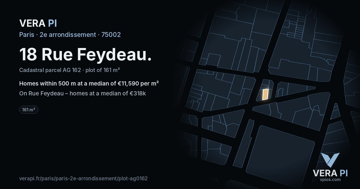 18 Rue Feydeau, 2e arrondissement at night – the plot lit, the parcels around coloured by the prices near them