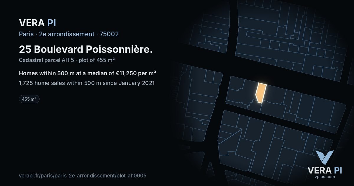 25 Boulevard Poissonnière, 2e arrondissement at night – the plot lit, the parcels around coloured by the prices near them