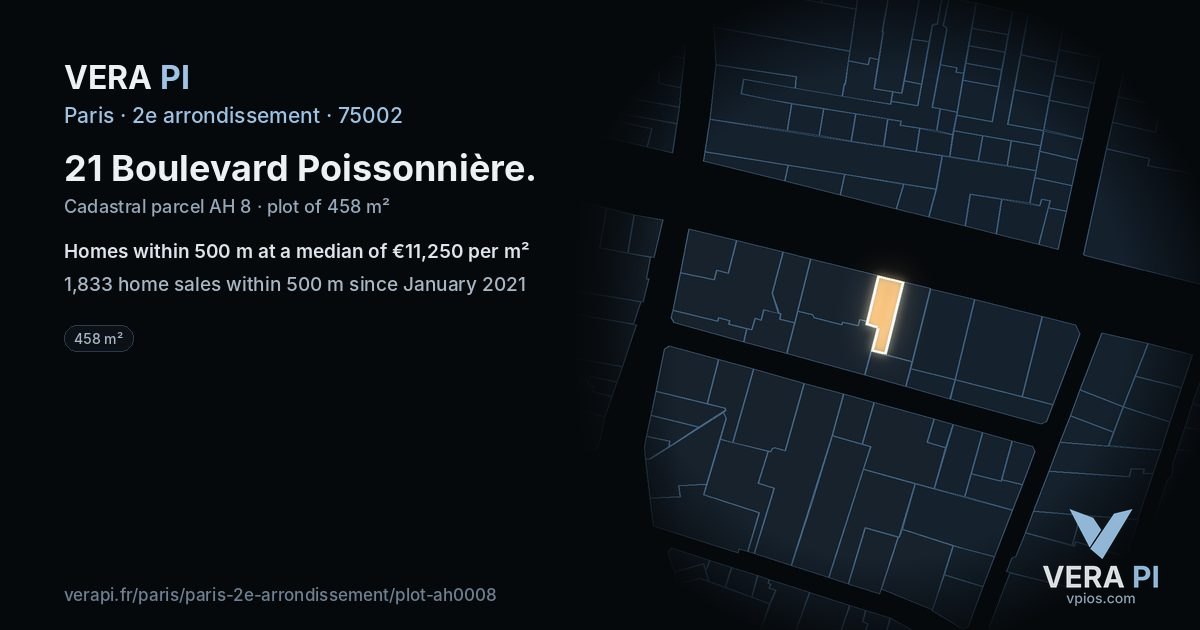 21 Boulevard Poissonnière, 2e arrondissement at night – the plot lit, the parcels around coloured by the prices near them