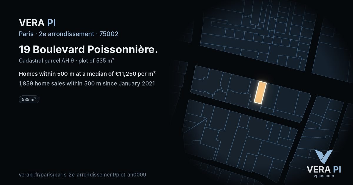 19 Boulevard Poissonnière, 2e arrondissement at night – the plot lit, the parcels around coloured by the prices near them