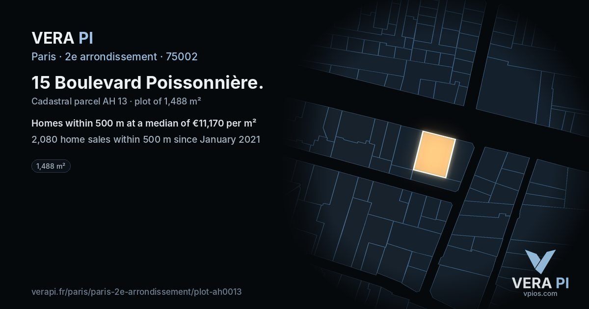 15 Boulevard Poissonnière, 2e arrondissement at night – the plot lit, the parcels around coloured by the prices near them