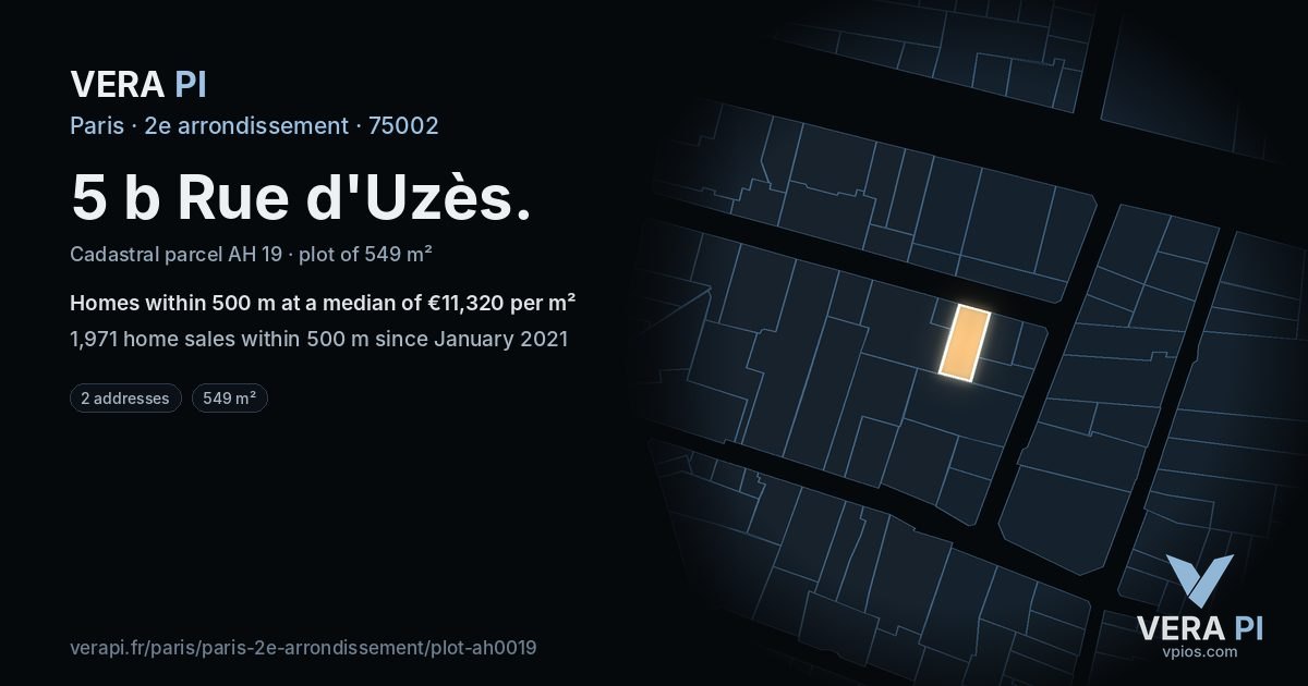 5 b Rue d'Uzès, 2e arrondissement at night – the plot lit, the parcels around coloured by the prices near them
