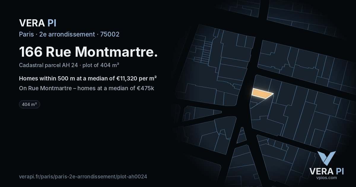 166 Rue Montmartre, 2e arrondissement at night – the plot lit, the parcels around coloured by the prices near them