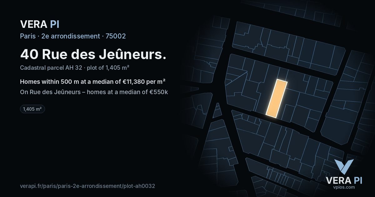40 Rue des Jeûneurs, 2e arrondissement at night – the plot lit, the parcels around coloured by the prices near them