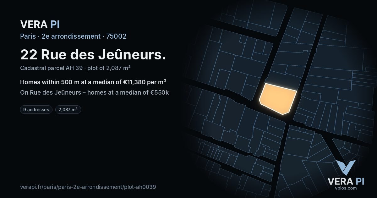 22 Rue des Jeûneurs, 2e arrondissement at night – the plot lit, the parcels around coloured by the prices near them