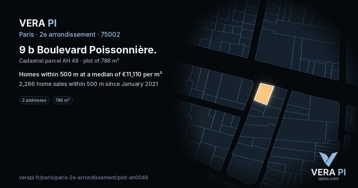 9 b Boulevard Poissonnière, 2e arrondissement at night – the plot lit, the parcels around coloured by the prices near them