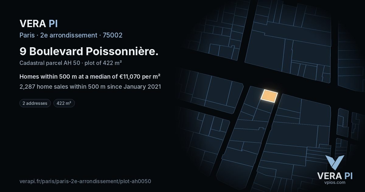 9 Boulevard Poissonnière, 2e arrondissement at night – the plot lit, the parcels around coloured by the prices near them