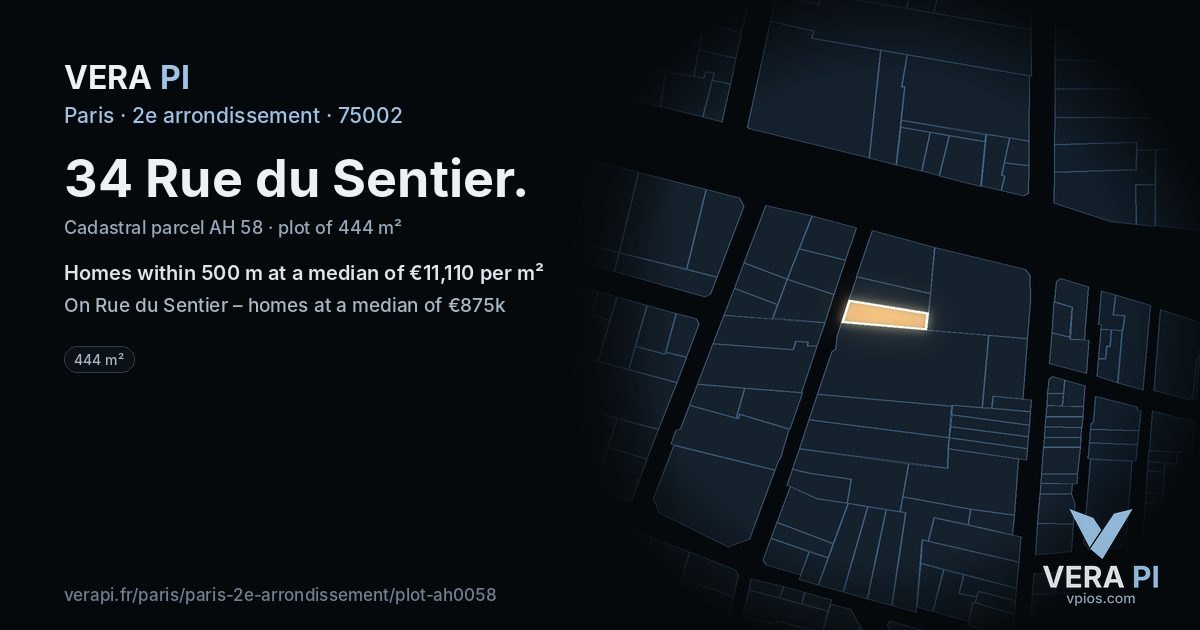 34 Rue du Sentier, 2e arrondissement at night – the plot lit, the parcels around coloured by the prices near them