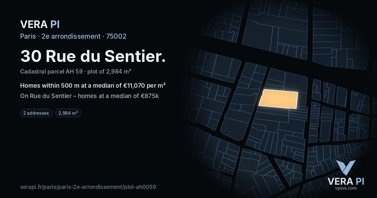 30 Rue du Sentier, 2e arrondissement at night – the plot lit, the parcels around coloured by the prices near them