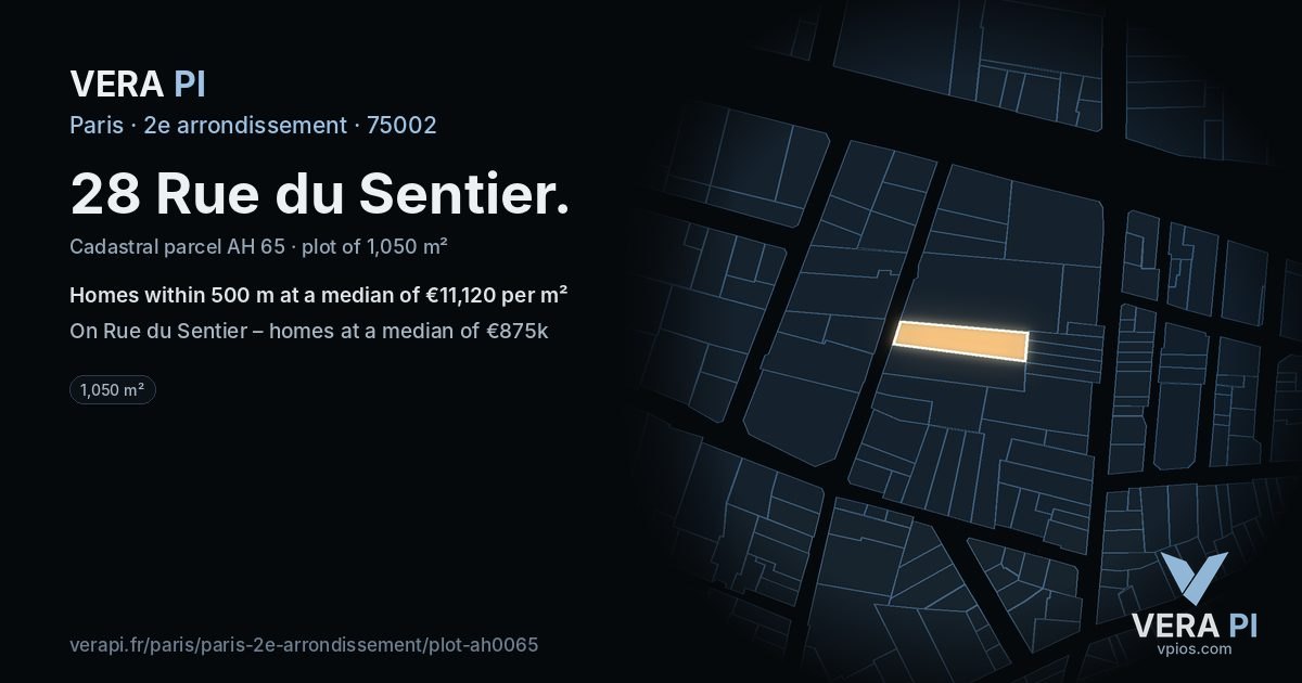 28 Rue du Sentier, 2e arrondissement at night – the plot lit, the parcels around coloured by the prices near them