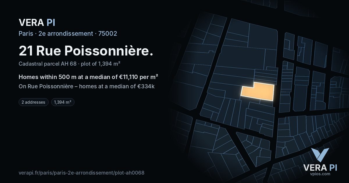 21 Rue Poissonnière, 2e arrondissement at night – the plot lit, the parcels around coloured by the prices near them