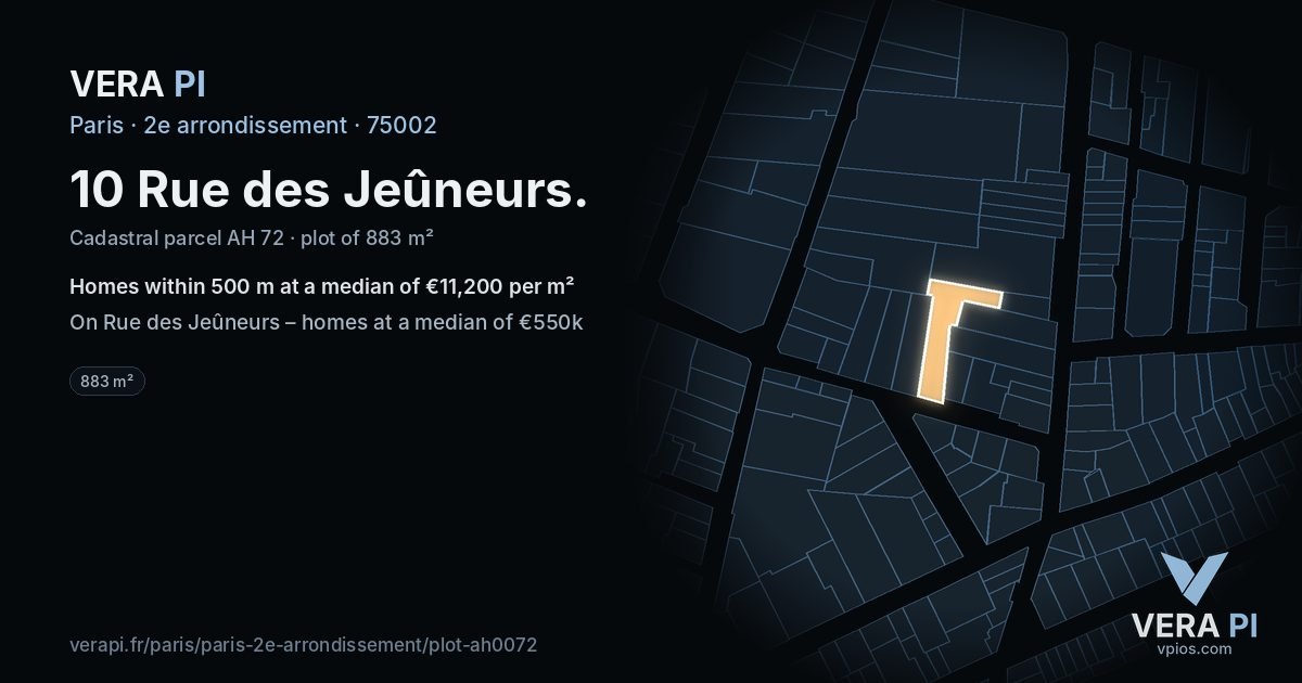 10 Rue des Jeûneurs, 2e arrondissement at night – the plot lit, the parcels around coloured by the prices near them