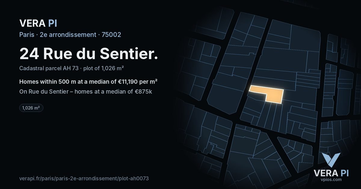 24 Rue du Sentier, 2e arrondissement at night – the plot lit, the parcels around coloured by the prices near them