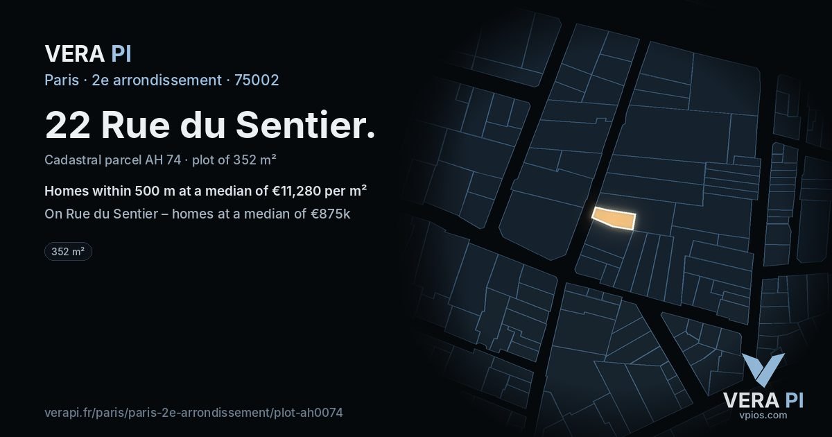 22 Rue du Sentier, 2e arrondissement at night – the plot lit, the parcels around coloured by the prices near them