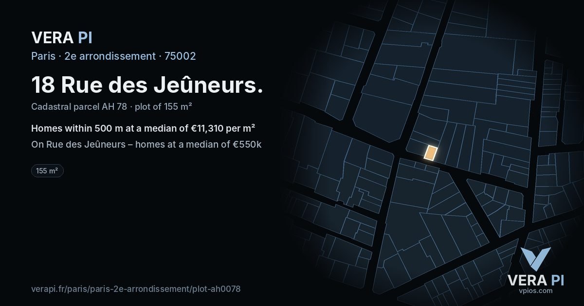 18 Rue des Jeûneurs, 2e arrondissement at night – the plot lit, the parcels around coloured by the prices near them