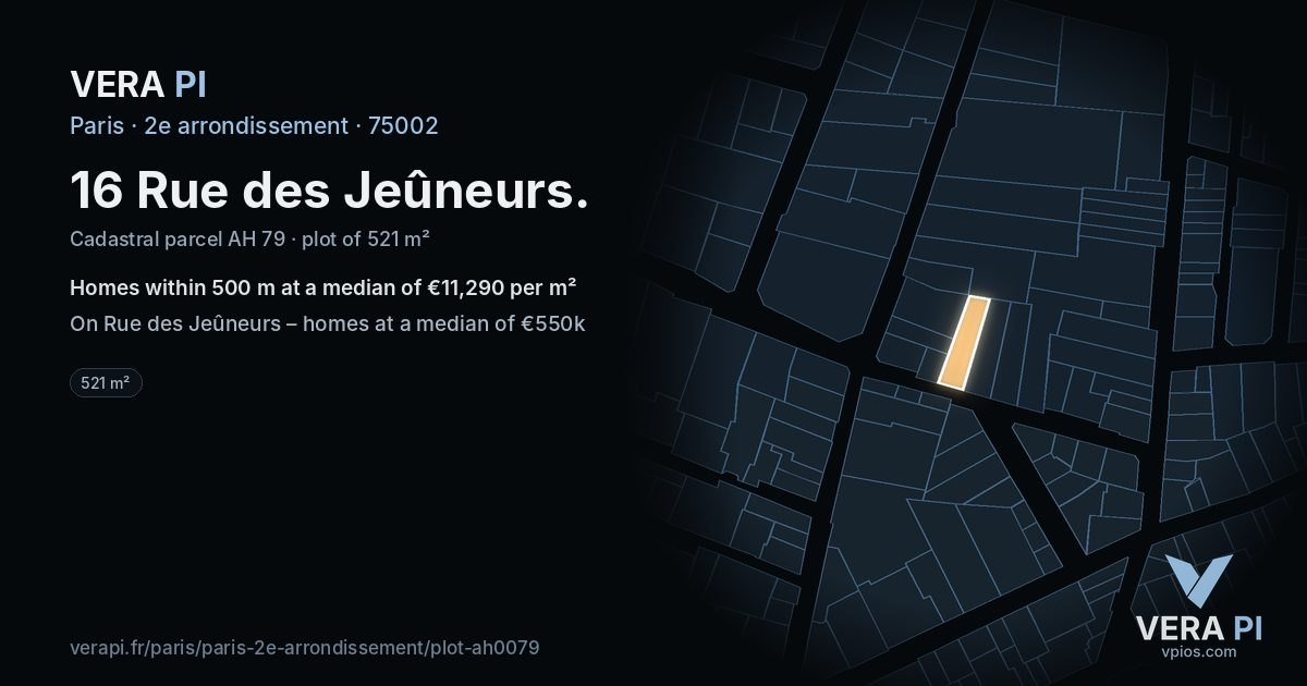 16 Rue des Jeûneurs, 2e arrondissement at night – the plot lit, the parcels around coloured by the prices near them
