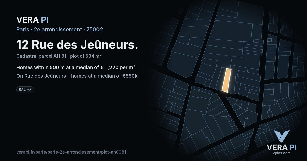 12 Rue des Jeûneurs, 2e arrondissement at night – the plot lit, the parcels around coloured by the prices near them