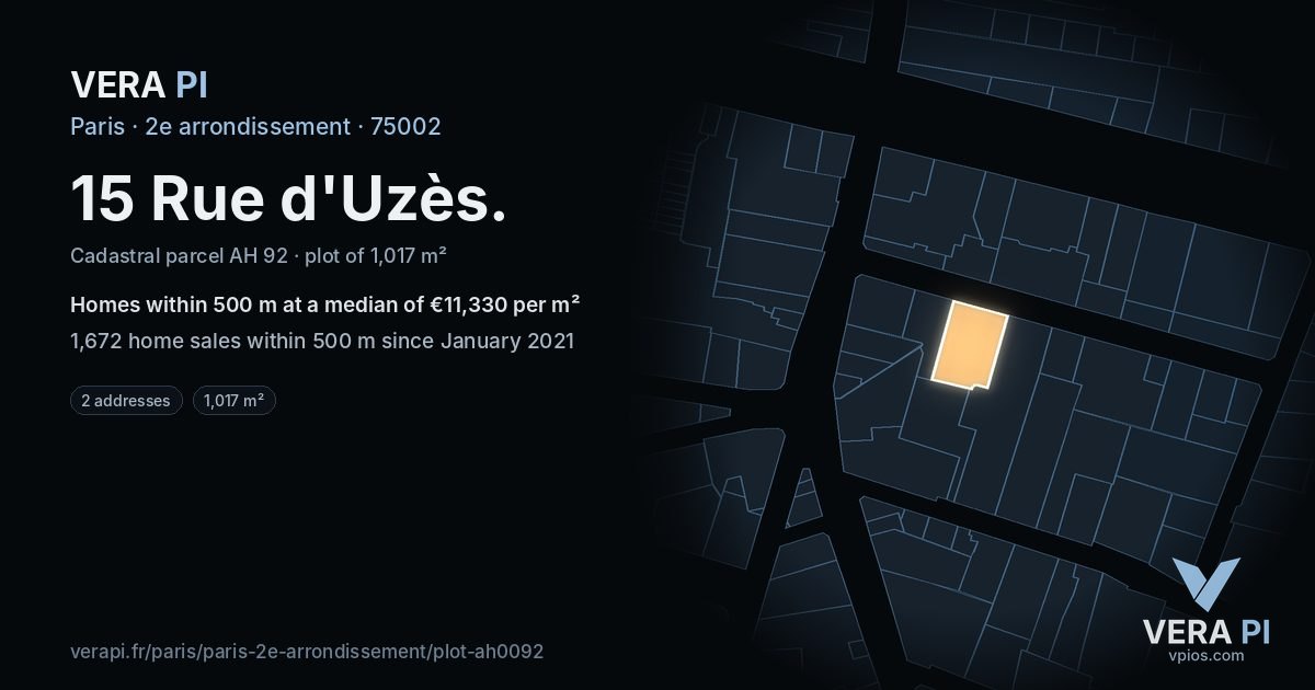 15 Rue d'Uzès, 2e arrondissement at night – the plot lit, the parcels around coloured by the prices near them