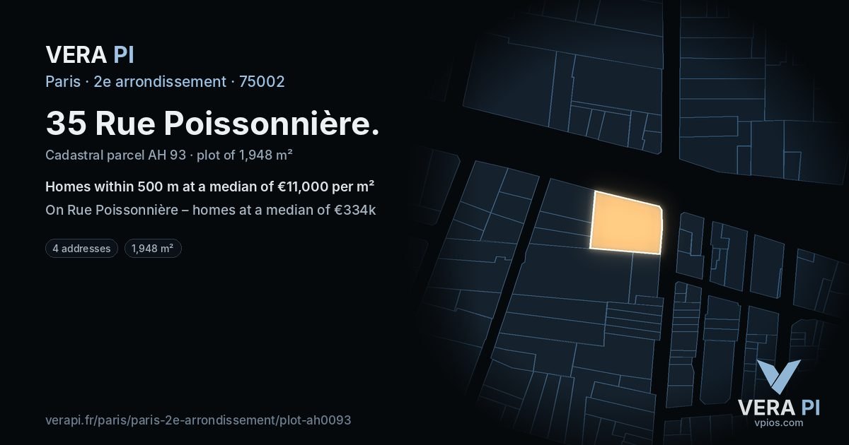 35 Rue Poissonnière, 2e arrondissement at night – the plot lit, the parcels around coloured by the prices near them