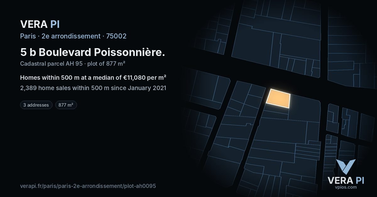 5 b Boulevard Poissonnière, 2e arrondissement at night – the plot lit, the parcels around coloured by the prices near them
