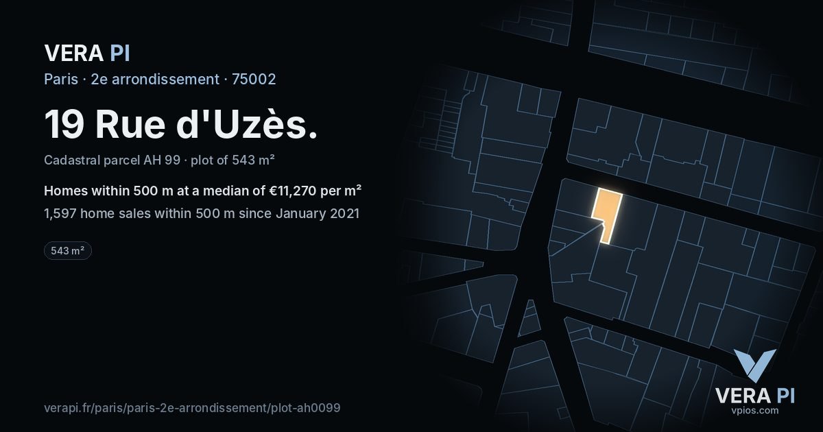 19 Rue d'Uzès, 2e arrondissement at night – the plot lit, the parcels around coloured by the prices near them