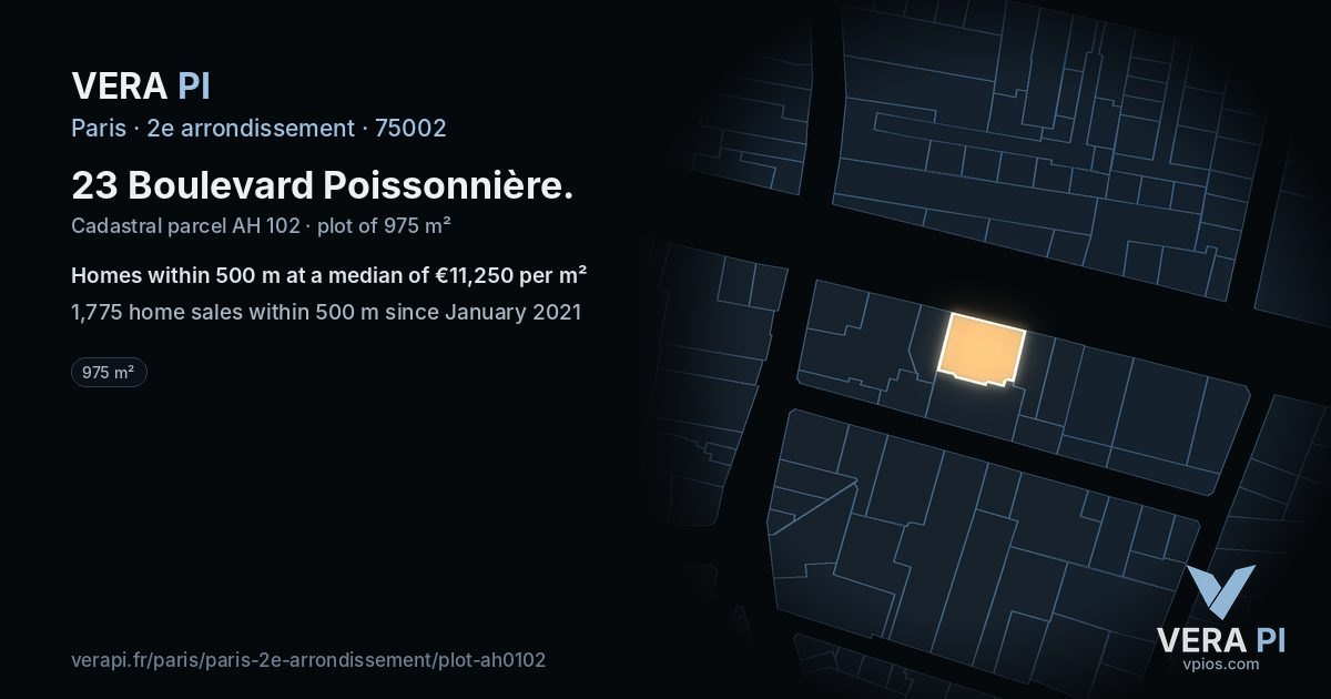 23 Boulevard Poissonnière, 2e arrondissement at night – the plot lit, the parcels around coloured by the prices near them
