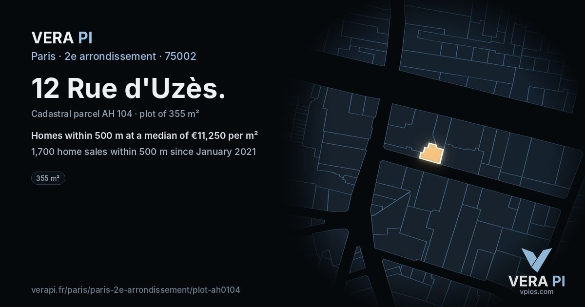 12 Rue d'Uzès, 2e arrondissement at night – the plot lit, the parcels around coloured by the prices near them