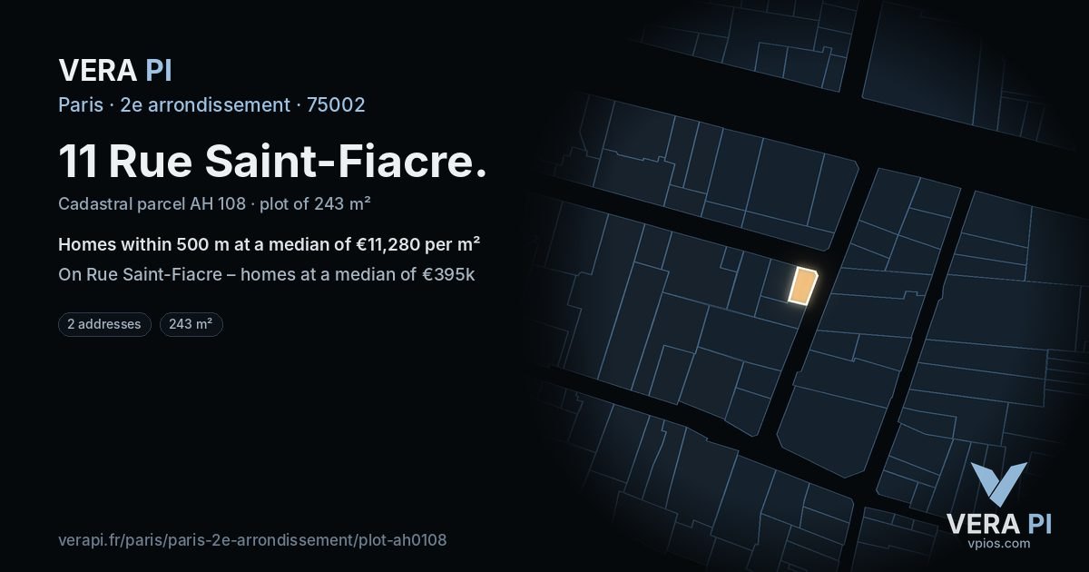 11 Rue Saint-Fiacre, 2e arrondissement at night – the plot lit, the parcels around coloured by the prices near them