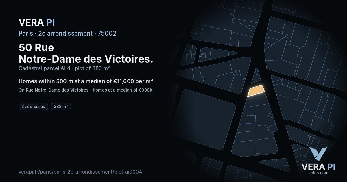 50 Rue Notre-Dame des Victoires, 2e arrondissement at night – the plot lit, the parcels around coloured by the prices near them