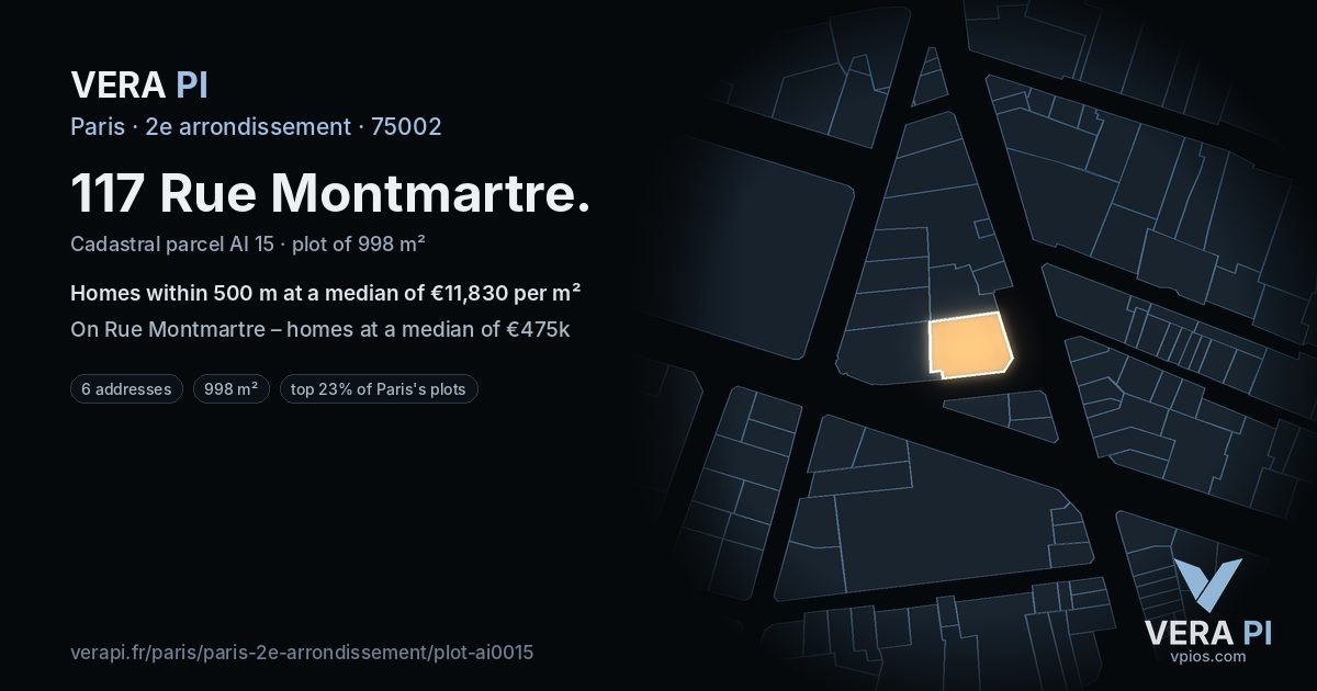 117 Rue Montmartre, 2e arrondissement at night – the plot lit, the parcels around coloured by the prices near them