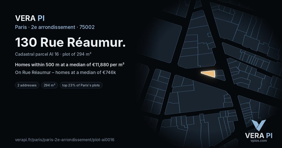 130 Rue Réaumur, 2e arrondissement at night – the plot lit, the parcels around coloured by the prices near them