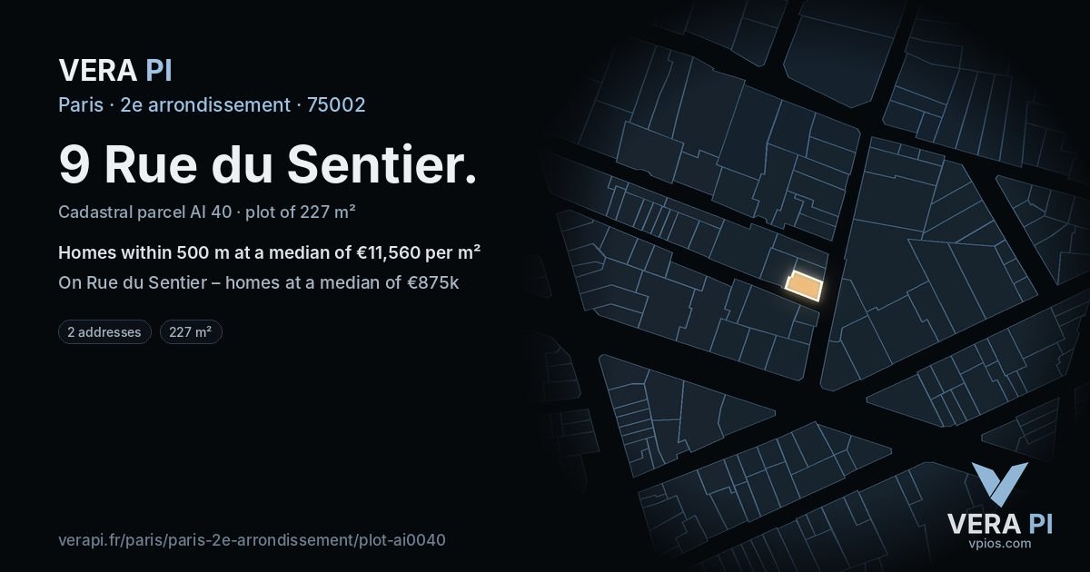 9 Rue du Sentier, 2e arrondissement at night – the plot lit, the parcels around coloured by the prices near them