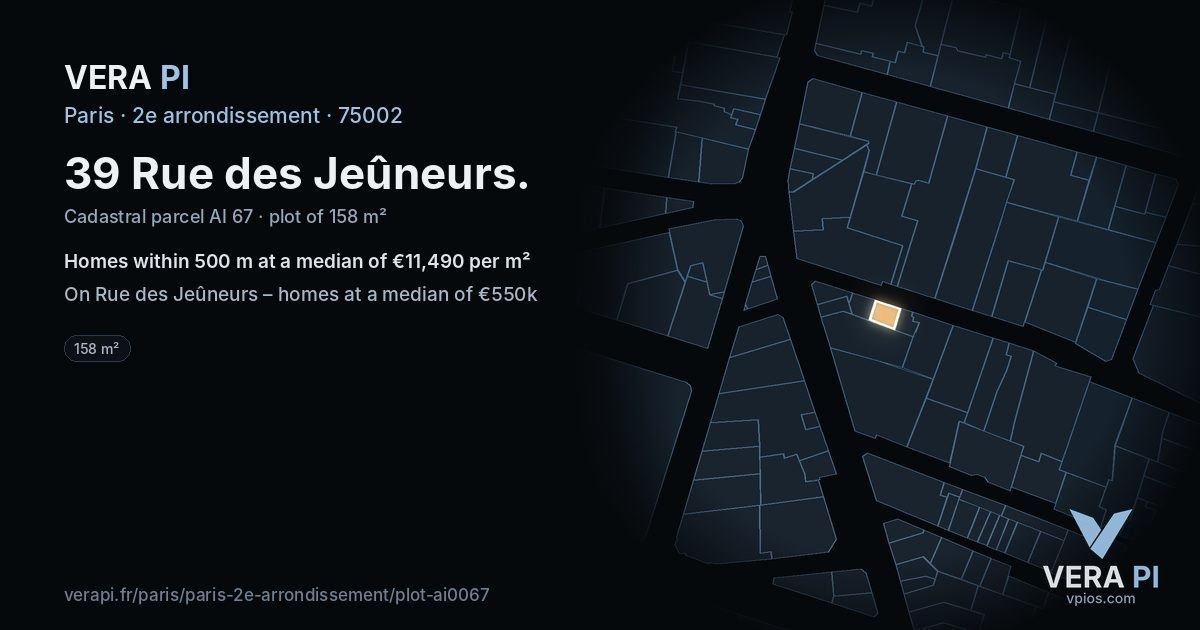 39 Rue des Jeûneurs, 2e arrondissement at night – the plot lit, the parcels around coloured by the prices near them