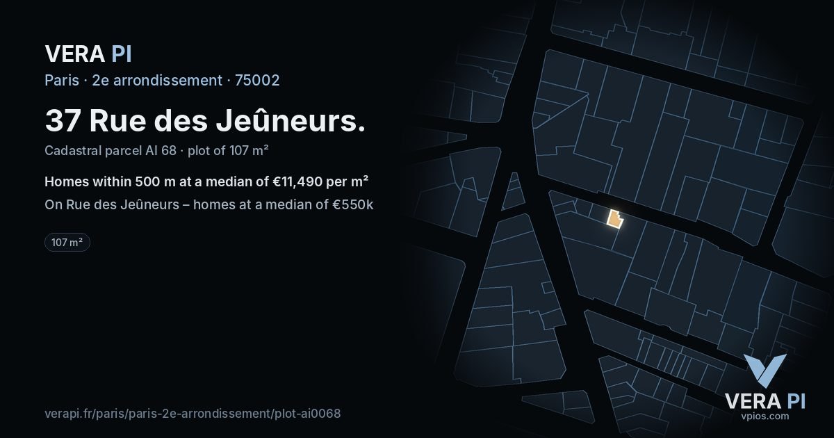 37 Rue des Jeûneurs, 2e arrondissement at night – the plot lit, the parcels around coloured by the prices near them