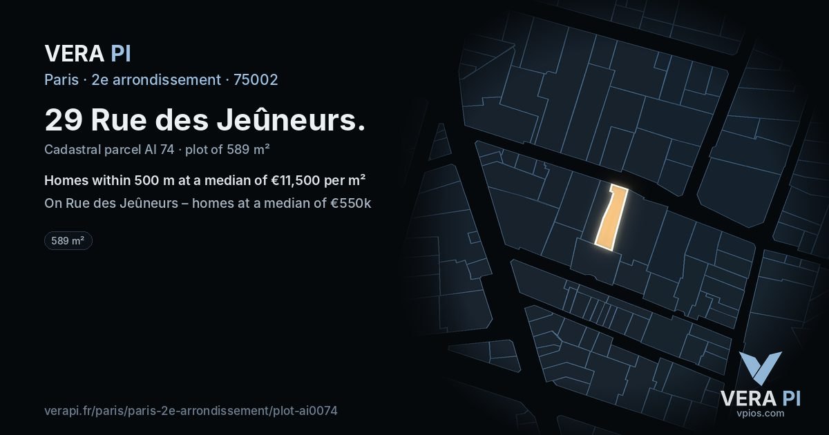 29 Rue des Jeûneurs, 2e arrondissement at night – the plot lit, the parcels around coloured by the prices near them