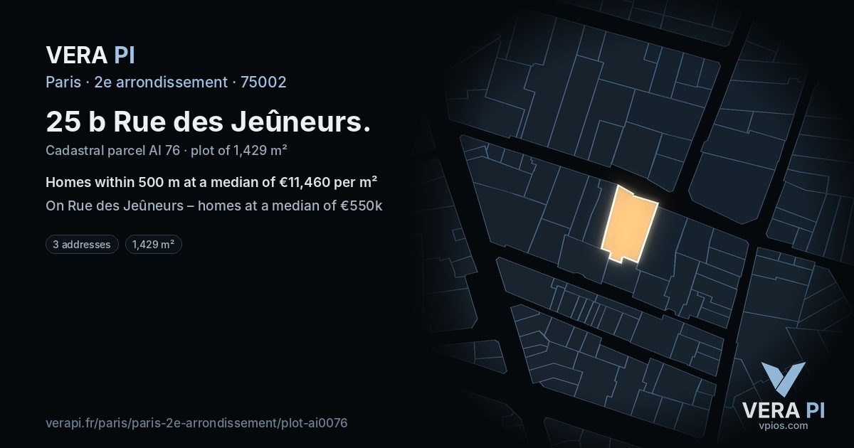 25 b Rue des Jeûneurs, 2e arrondissement at night – the plot lit, the parcels around coloured by the prices near them