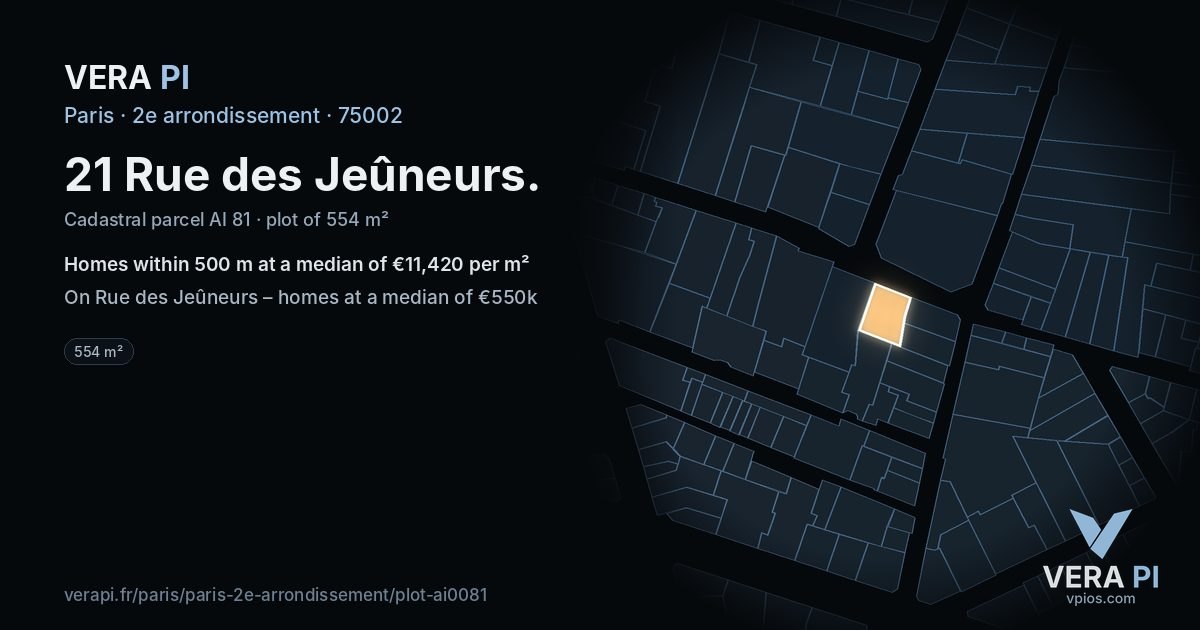 21 Rue des Jeûneurs, 2e arrondissement at night – the plot lit, the parcels around coloured by the prices near them