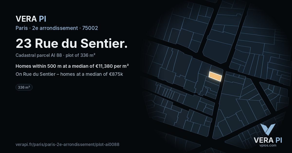23 Rue du Sentier, 2e arrondissement at night – the plot lit, the parcels around coloured by the prices near them