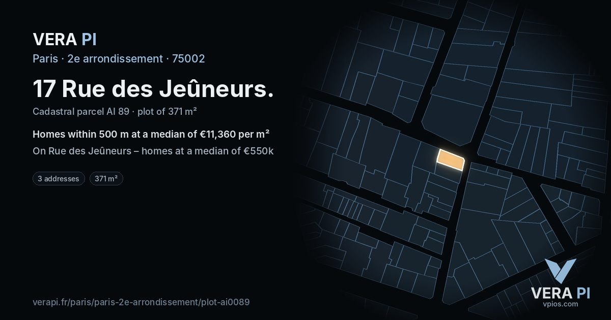 17 Rue des Jeûneurs, 2e arrondissement at night – the plot lit, the parcels around coloured by the prices near them