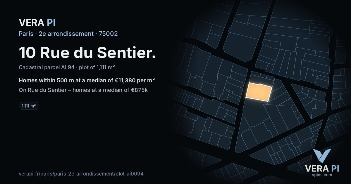 10 Rue du Sentier, 2e arrondissement at night – the plot lit, the parcels around coloured by the prices near them
