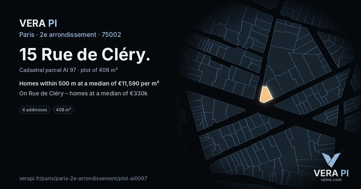 15 Rue de Cléry, 2e arrondissement at night – the plot lit, the parcels around coloured by the prices near them