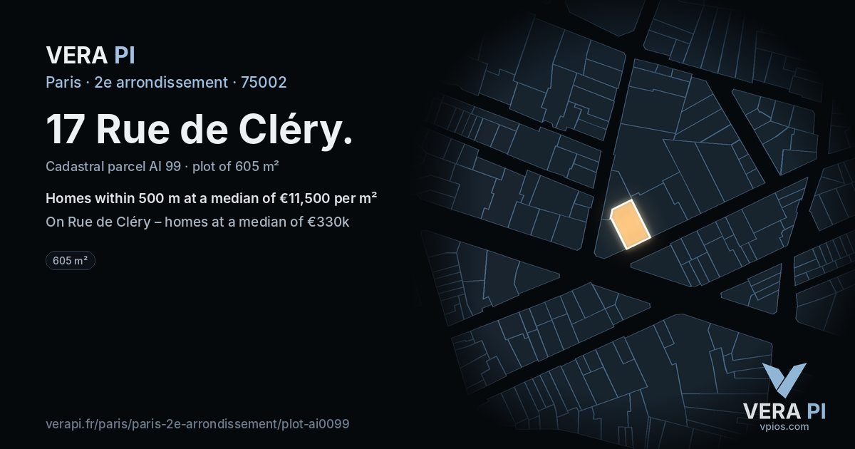 17 Rue de Cléry, 2e arrondissement at night – the plot lit, the parcels around coloured by the prices near them