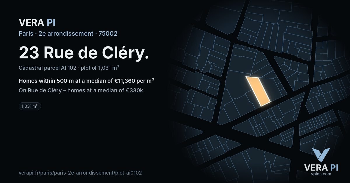23 Rue de Cléry, 2e arrondissement at night – the plot lit, the parcels around coloured by the prices near them