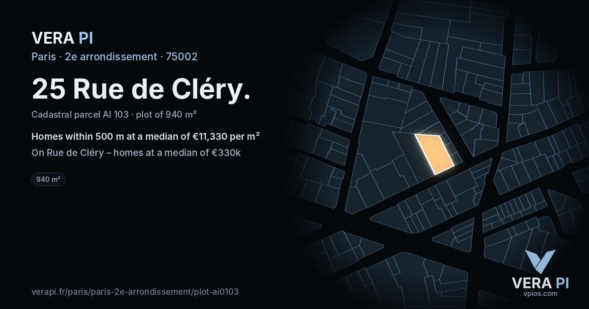 25 Rue de Cléry, 2e arrondissement at night – the plot lit, the parcels around coloured by the prices near them