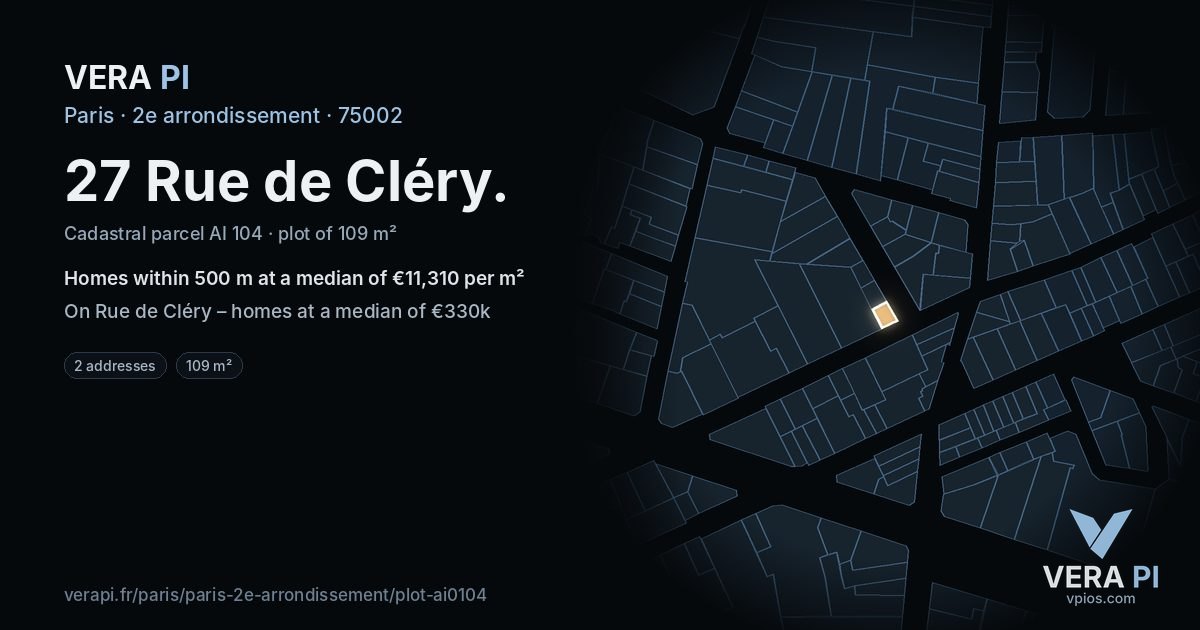 27 Rue de Cléry, 2e arrondissement at night – the plot lit, the parcels around coloured by the prices near them