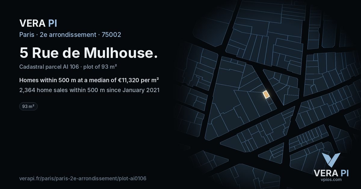 5 Rue de Mulhouse, 2e arrondissement at night – the plot lit, the parcels around coloured by the prices near them