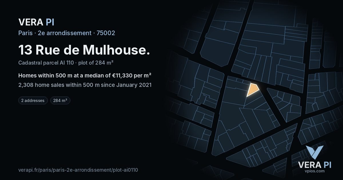 13 Rue de Mulhouse, 2e arrondissement at night – the plot lit, the parcels around coloured by the prices near them