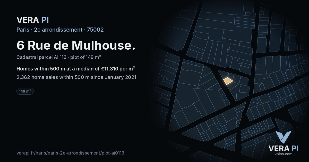 6 Rue de Mulhouse, 2e arrondissement at night – the plot lit, the parcels around coloured by the prices near them