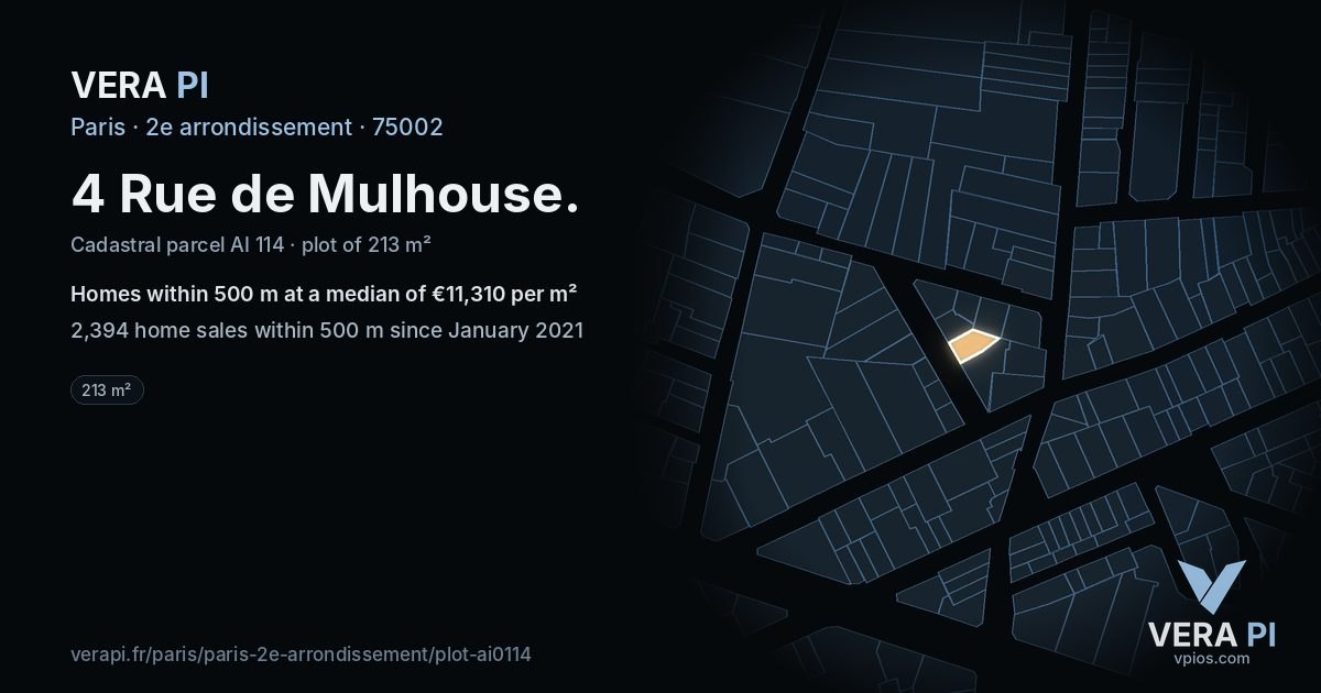 4 Rue de Mulhouse, 2e arrondissement at night – the plot lit, the parcels around coloured by the prices near them