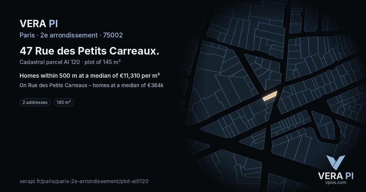 47 Rue des Petits Carreaux, 2e arrondissement at night – the plot lit, the parcels around coloured by the prices near them